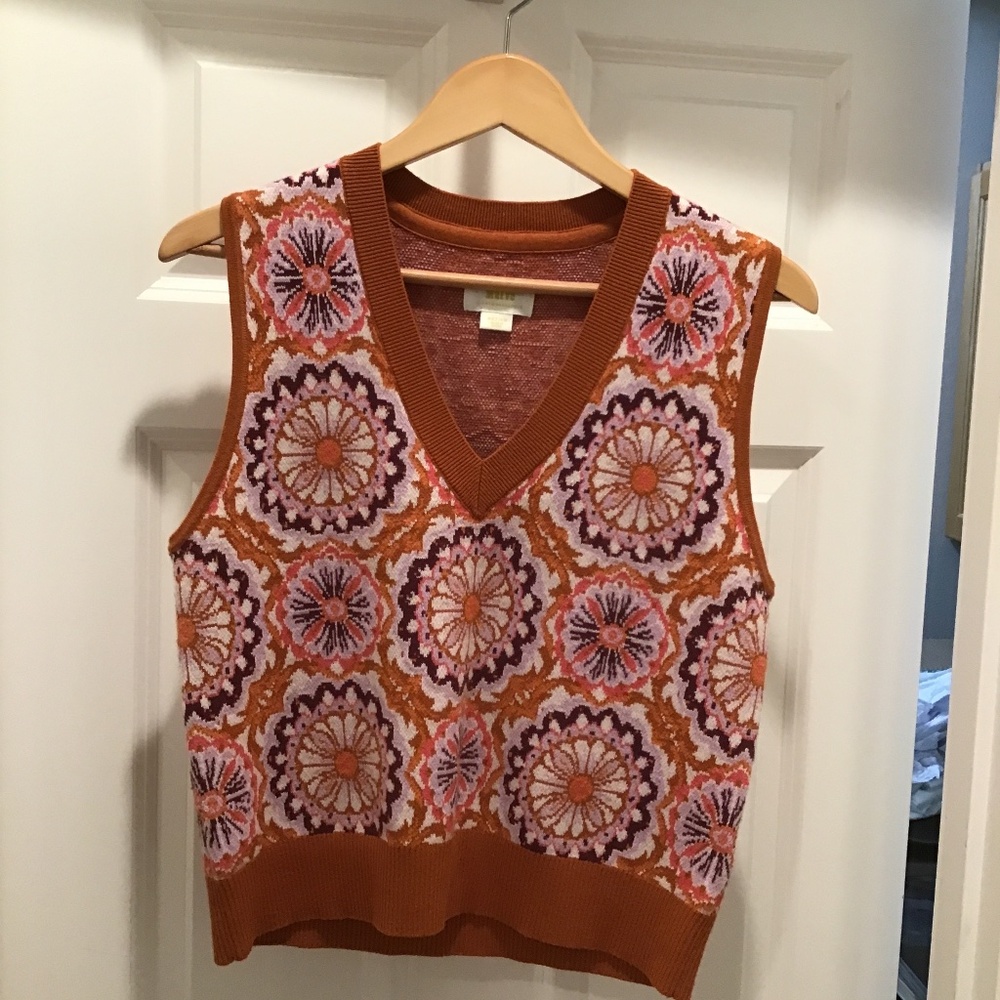 Anthropologie Burnt Orange Floral Knit Sweater Vest
